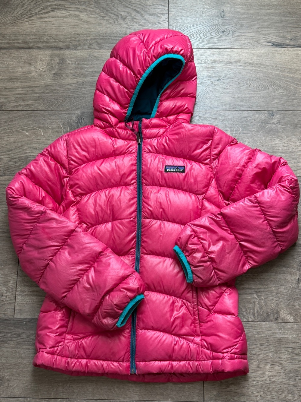 Patagonia Kids Hot Pink Hooded Down Puffer with Teal Trim